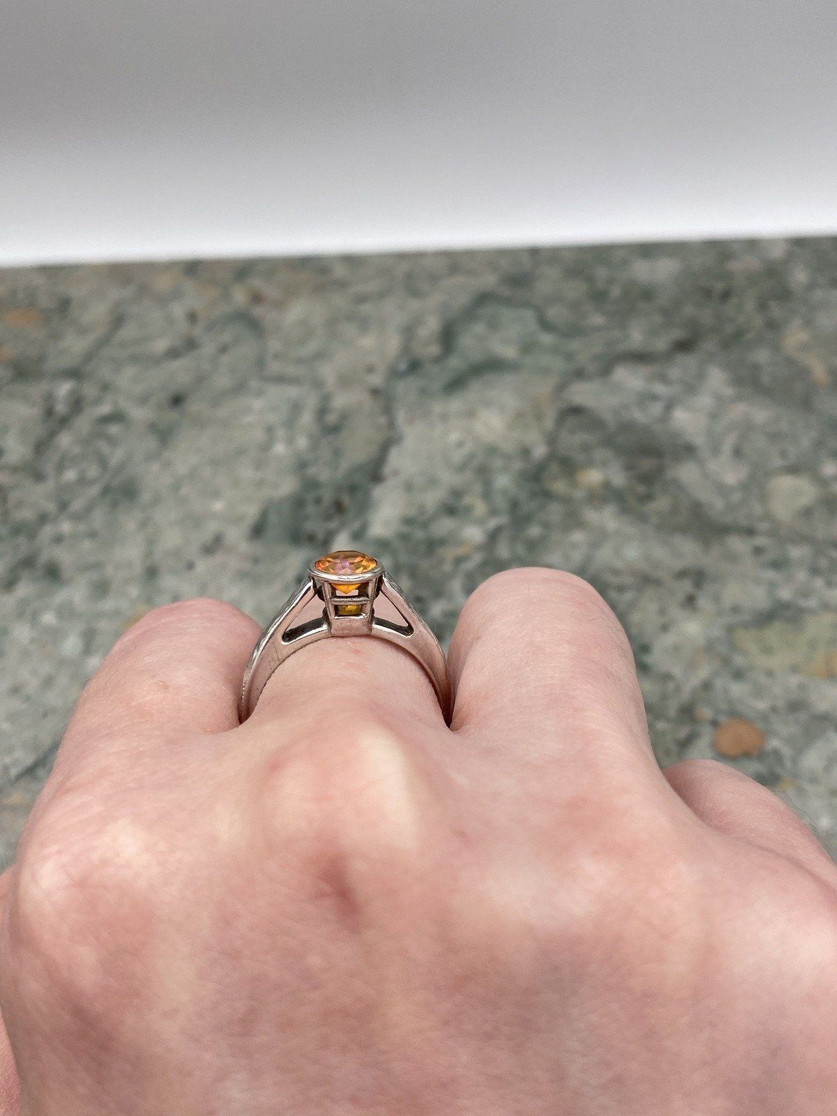Spessartine Orange Garnet 14k White Gold Bezel Set Ring w Carved Band 13