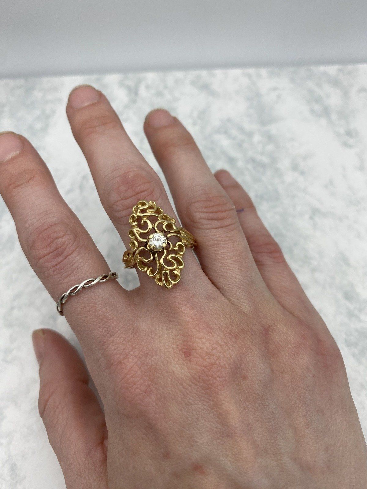 Vintage 14k Swirly Gold Lace .40ct Diamond Navette Statement Ring 5