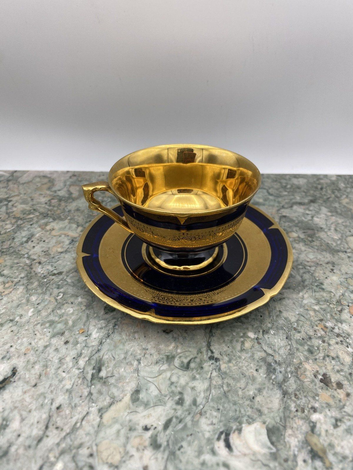 Legle Porcelaine d'Art Limoges French Cobalt + Gilt Demitasse Teacup + Saucer