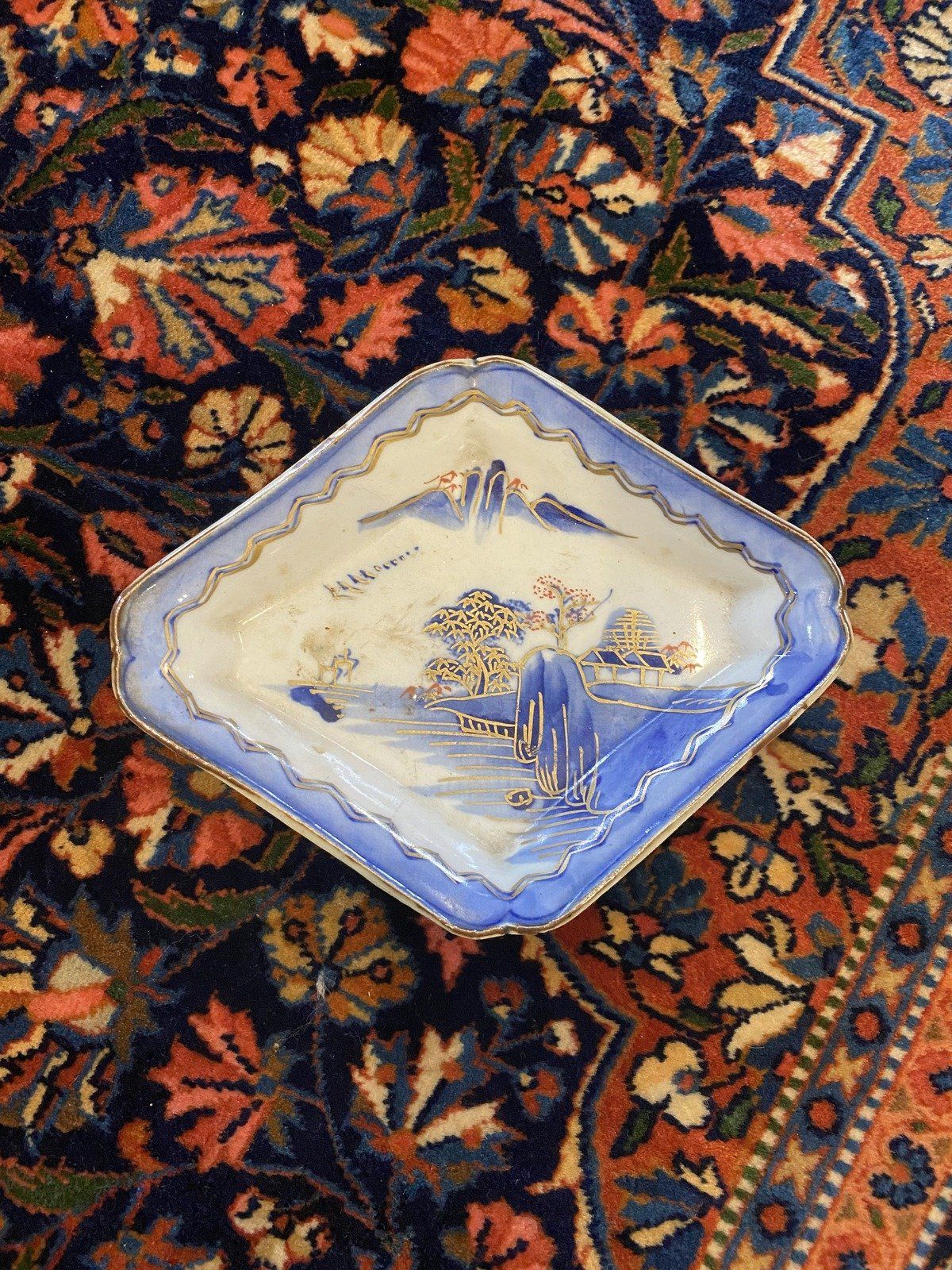Japanese Ceramic Flow Blue Landscape Painted Dish