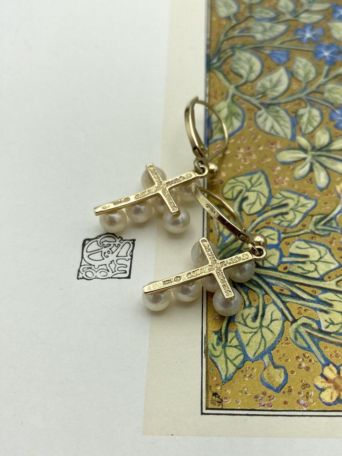 14k Gold Pearl Cross French Clip Drop Earrings #2551 5