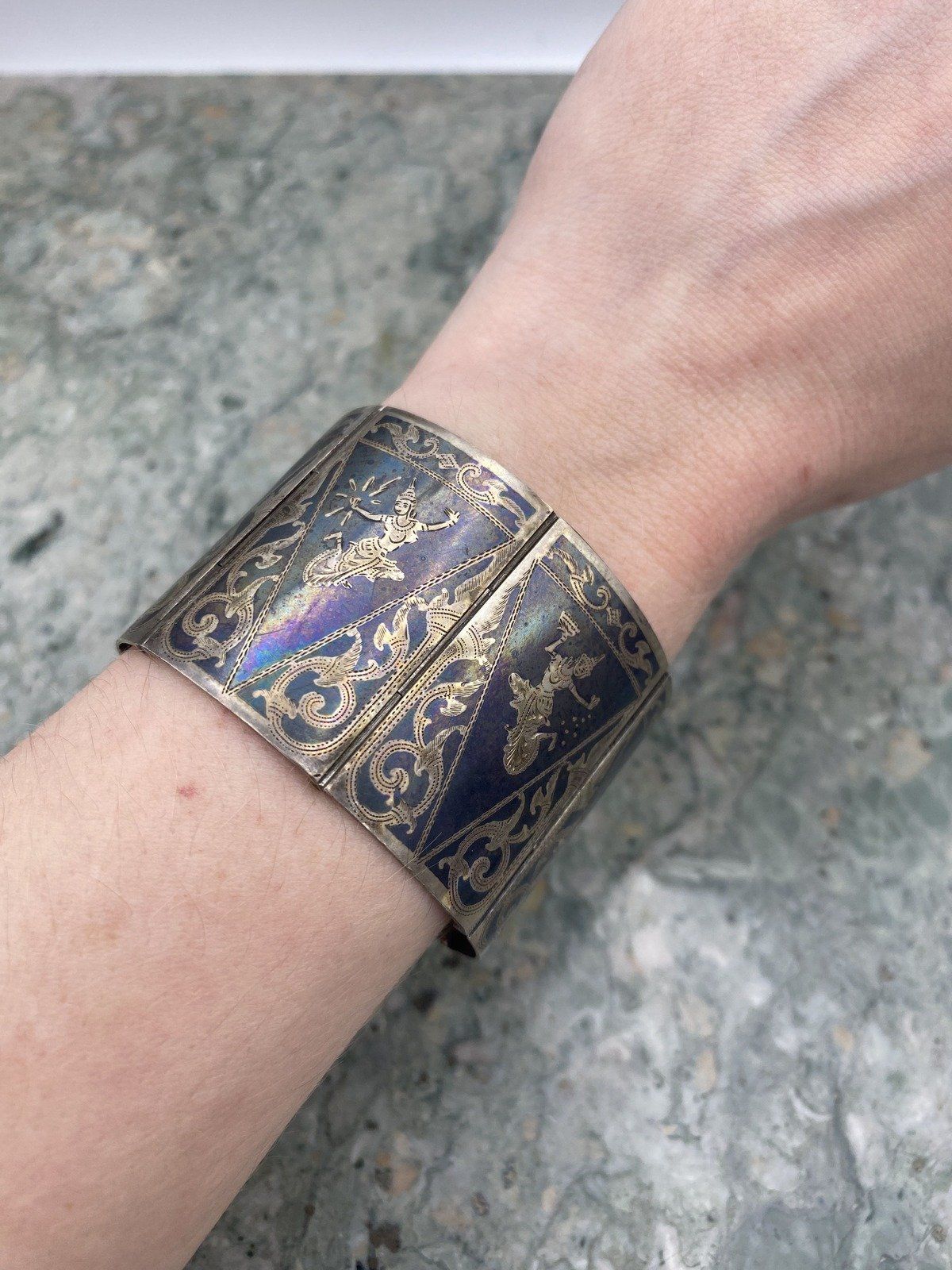 Vintage c.1940s/50s Siam Sterling Silver Book Link Figural Traditional Dancer Articulated Cuff Bracelet 6.5 3