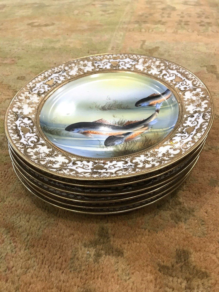 Set of 5 C.1900 Nippon Hand Painted Morimura Gilt Fish Plates 2