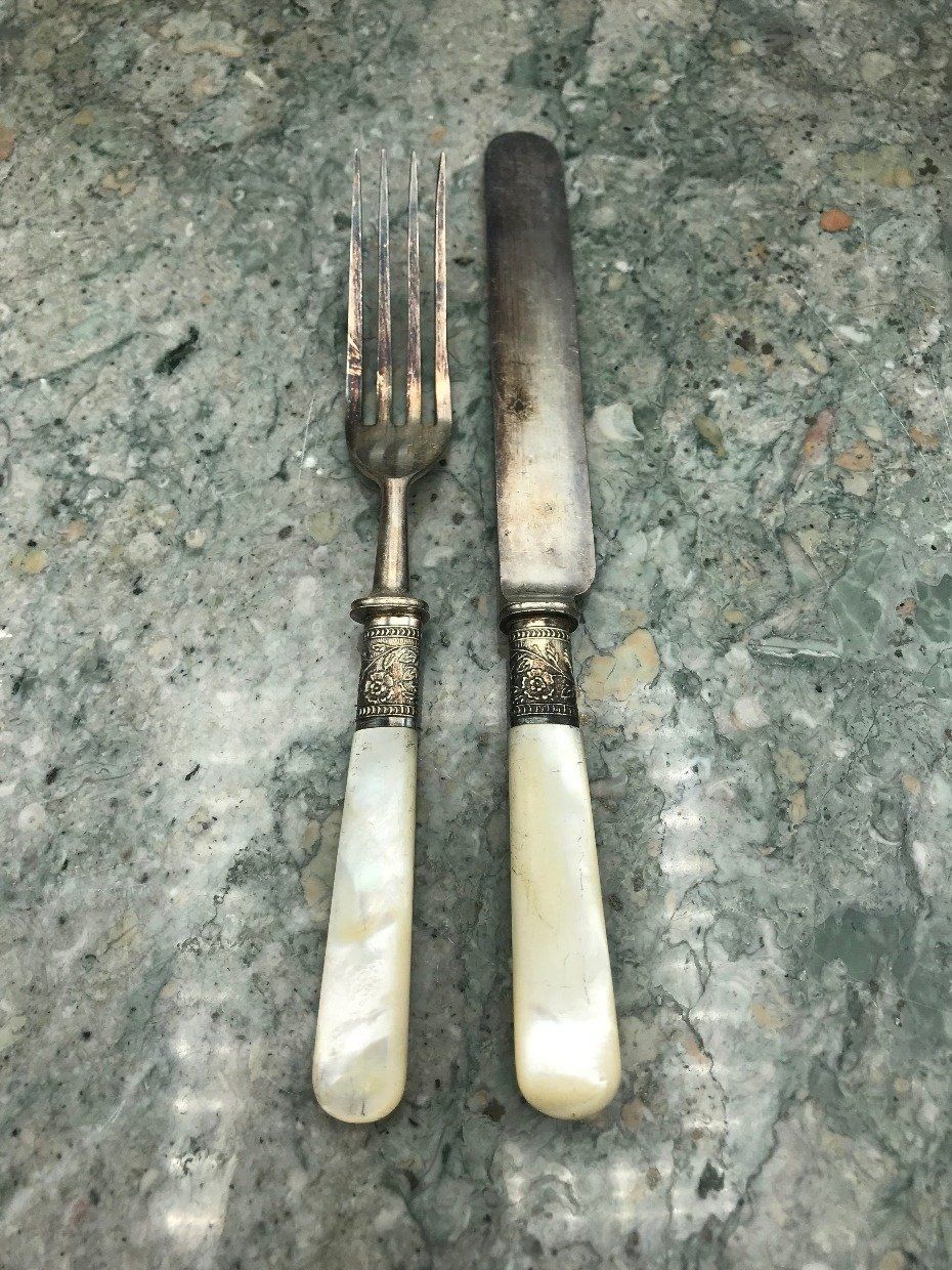 Antique Highly Hallmarked English Mother Of Pearl Handle 12pc Utensils