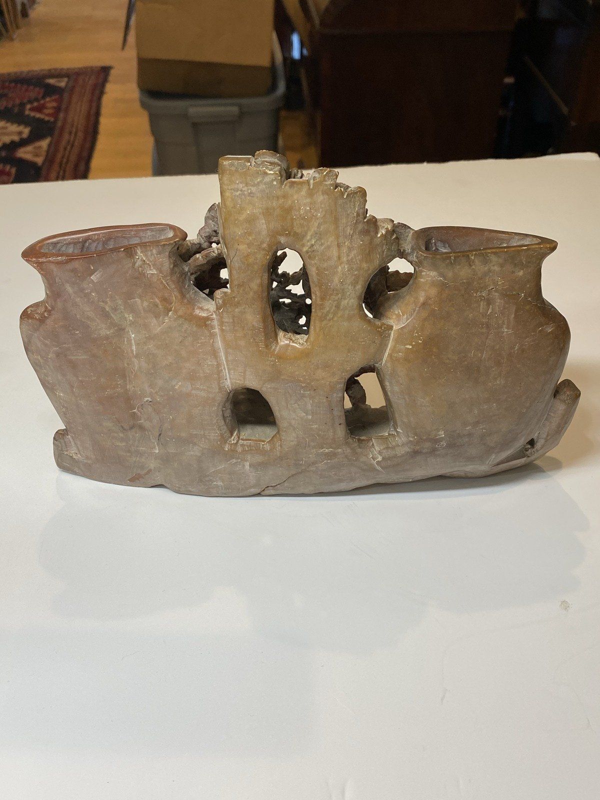 Antique Chinese Soapstone Dual Vase Carving in Relief 3