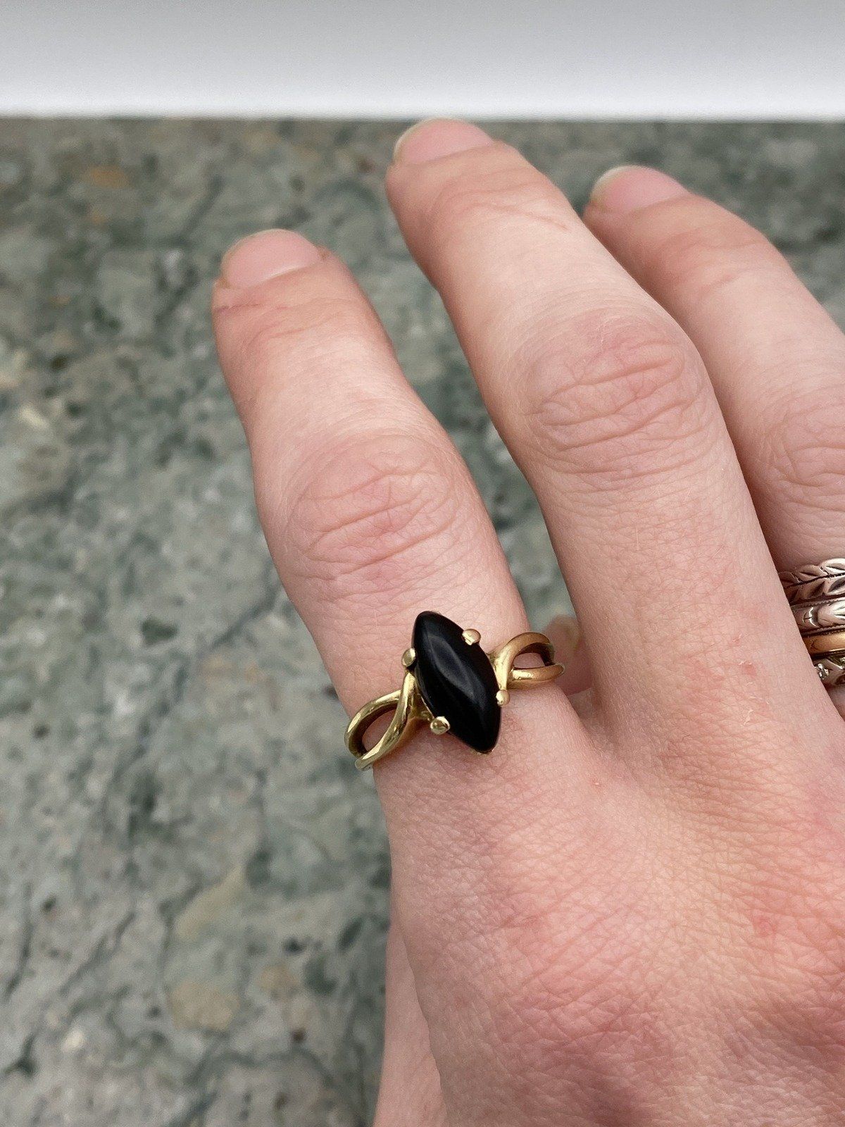 14k Gold Marquise Polished Black Onyx Navette Ring w Flared Shoulder 6