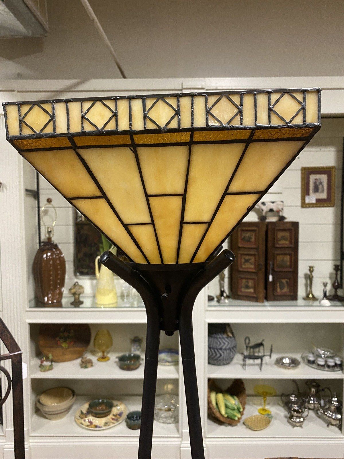 Modern Tiered Shelf Lamp w Vintage Stained Glass Shade 4