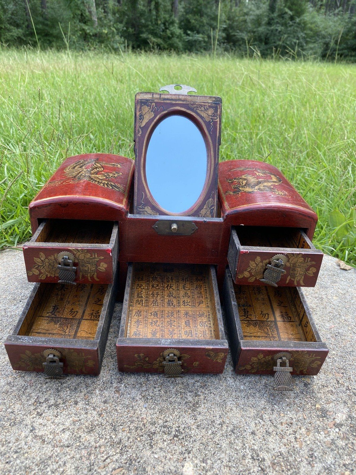 Chinese Red Lacquered Dressing Mirrored Jewelry Box 255 2