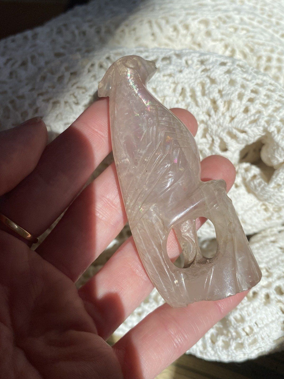 Hand Carved Rose Quartz Parrot/Cockatoo 7
