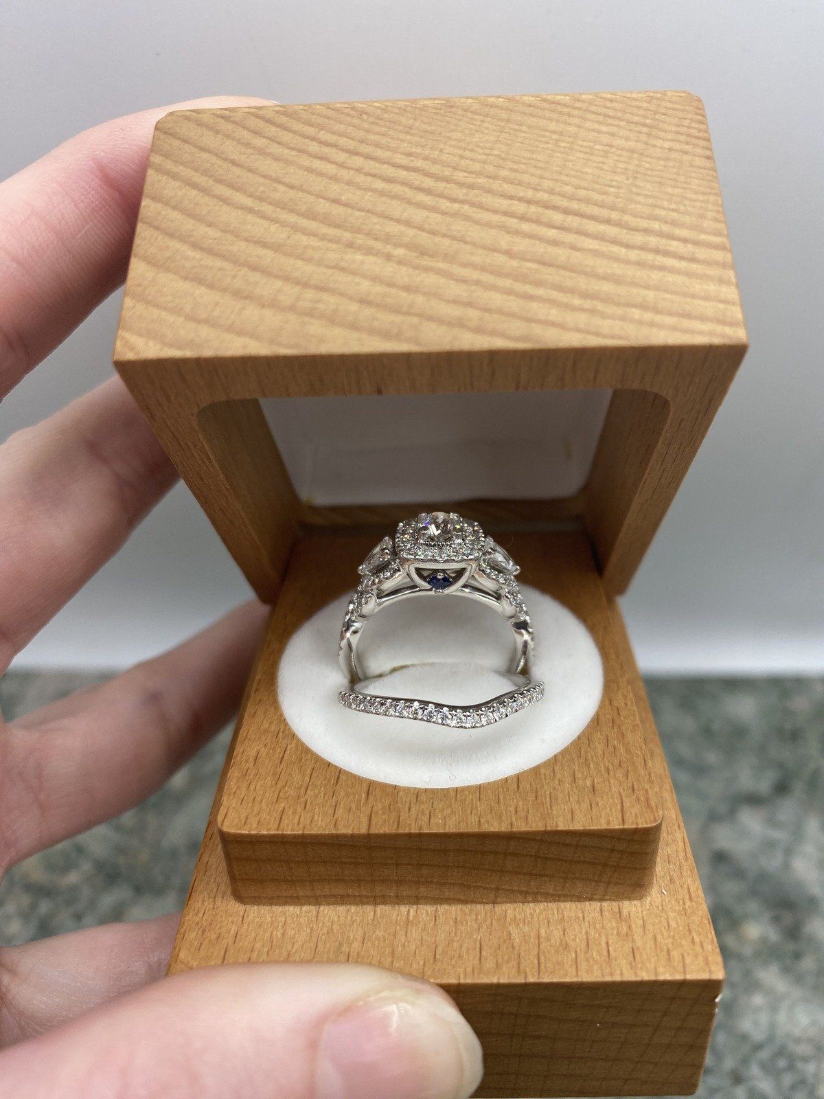 14k White Gold 1.33ctw Pear + Round Cut Diamond Engagement Ring Set w Natural Blue Sapphire Cathedral Shank Details + GIA & Appraisal 4