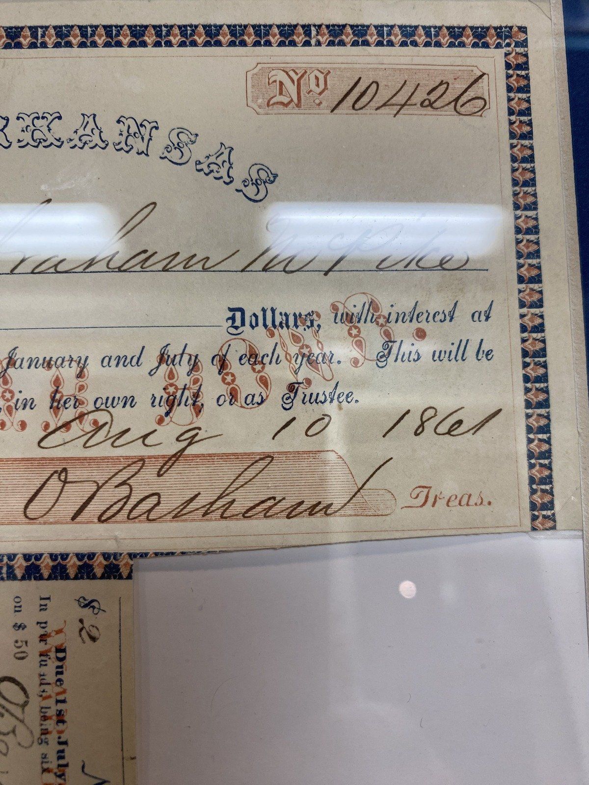 Framed Civil War Era Arkansas State c.1861 $50 War Bond 3