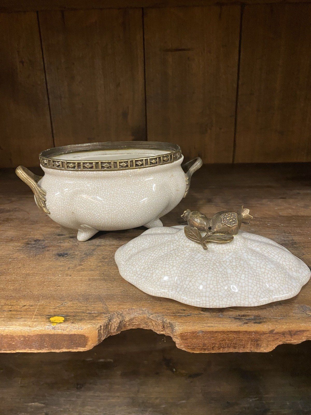Taupe Crazed Ceramic + Bronze Pomegranate Lidded Storage Box w Handles 2