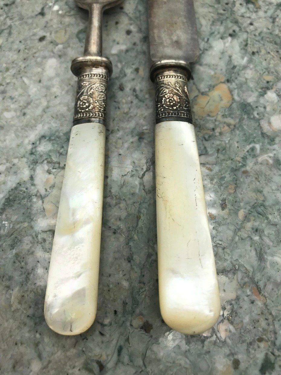Antique Highly Hallmarked English Mother Of Pearl Handle 12pc Utensils 3