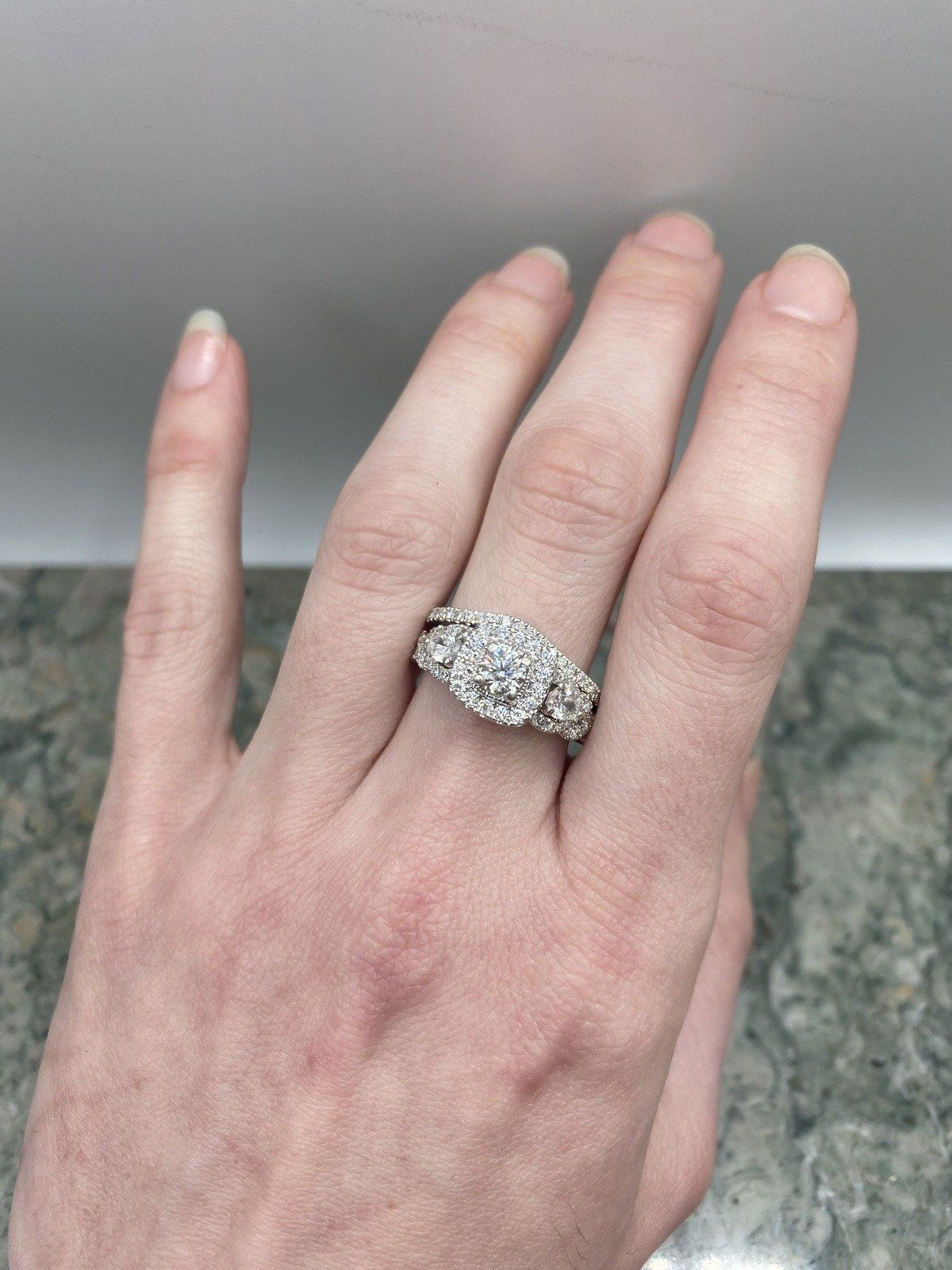 14k White Gold 1.33ctw Pear + Round Cut Diamond Engagement Ring Set w Natural Blue Sapphire Cathedral Shank Details + GIA & Appraisal 5