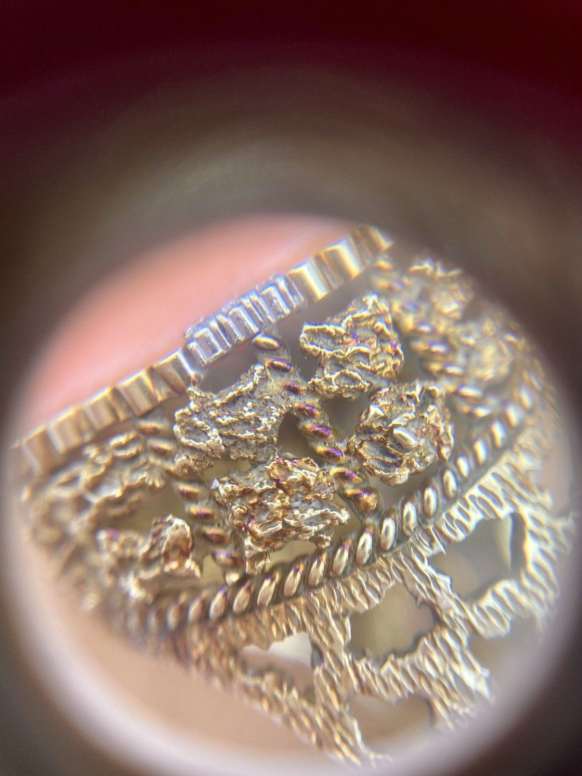 Near Antique c.1930s 14k Gold Nugget + Angel Skin Coral Regale Ring w Diamond Accents 11