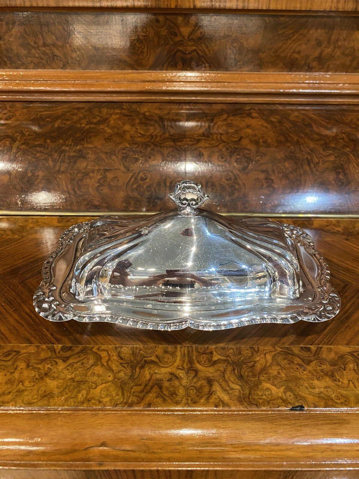 Vintage Ornamental Silver Plated Butter Dish w Glass Insert