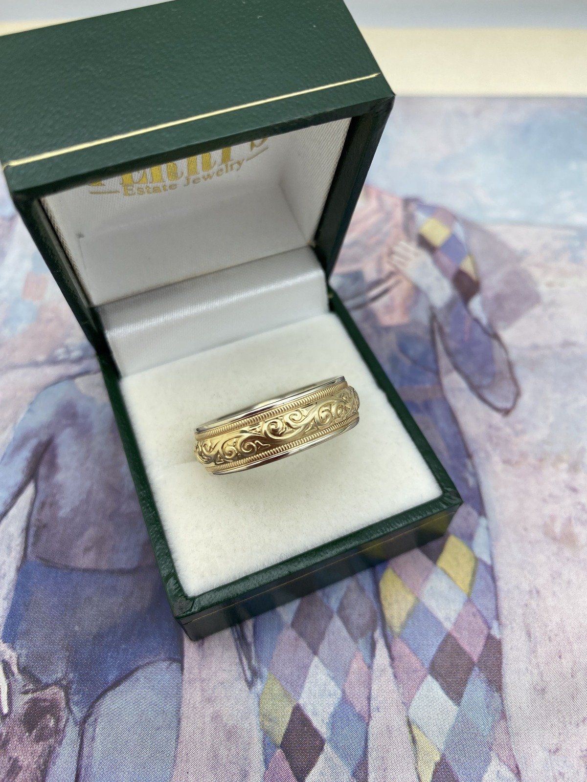 Modern Antique Inspired 14k Dual Gold Carved Men's Wedding Ring Band 2