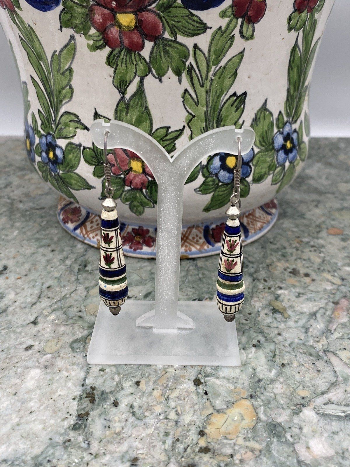 Vintage Deruta, Italy Ceramic Hand Painted Sterling Silver Drop Earings 3