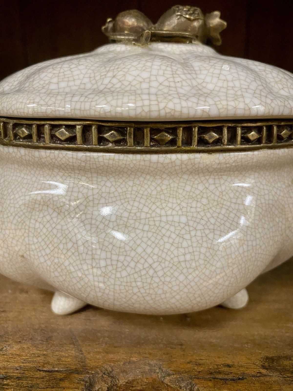 Taupe Crazed Ceramic + Bronze Pomegranate Lidded Storage Box w Handles 11