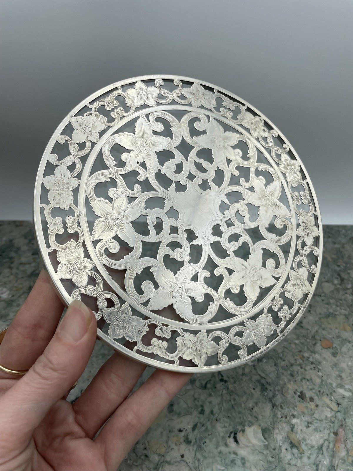 Reticulated Sterling Silver Etched + Glass Hot Plate Trivet 2