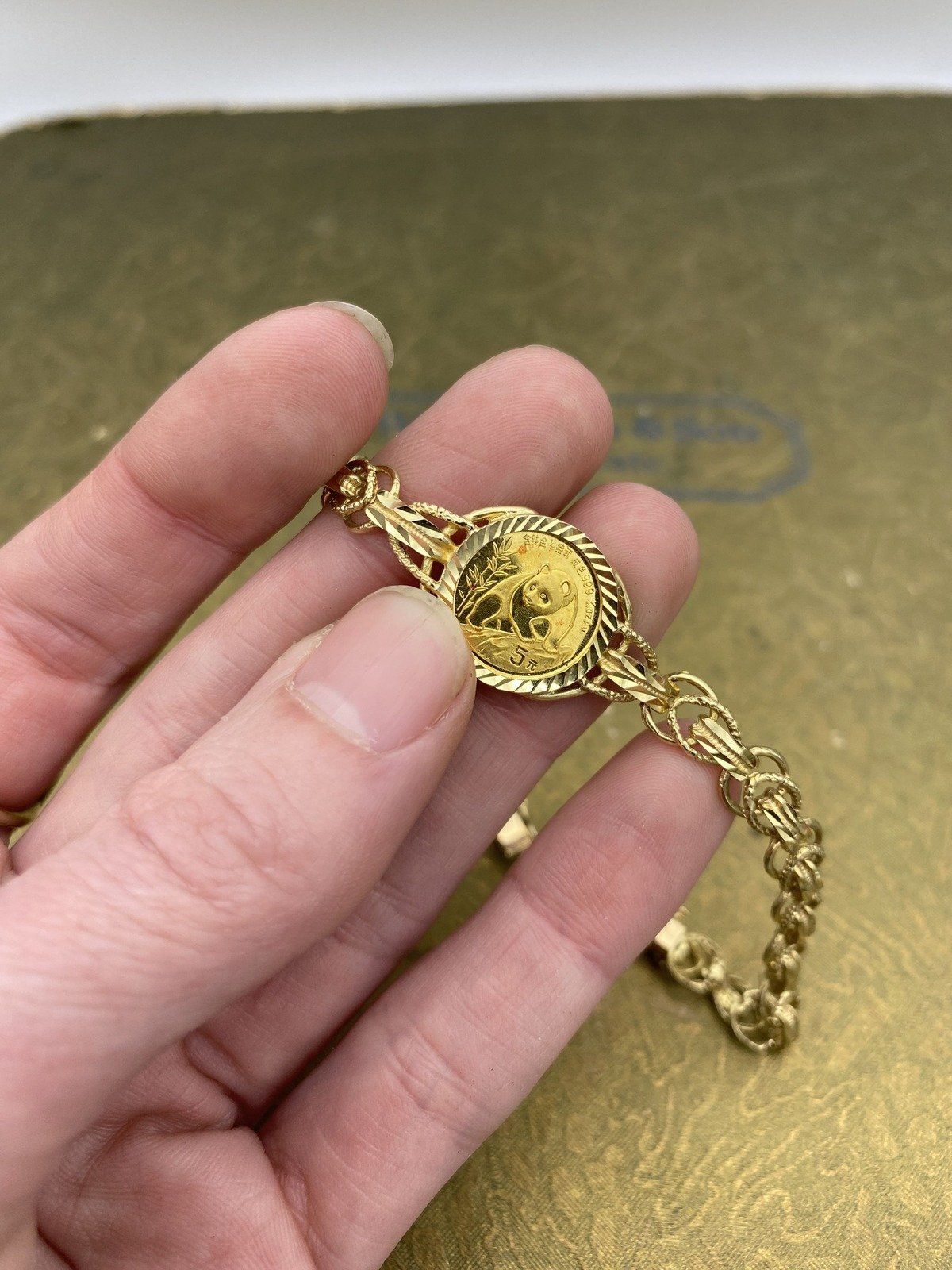 24K Gold Chinese Panda 1/10 oz Coin Bracelet with 14K Chain. 7.25L 2