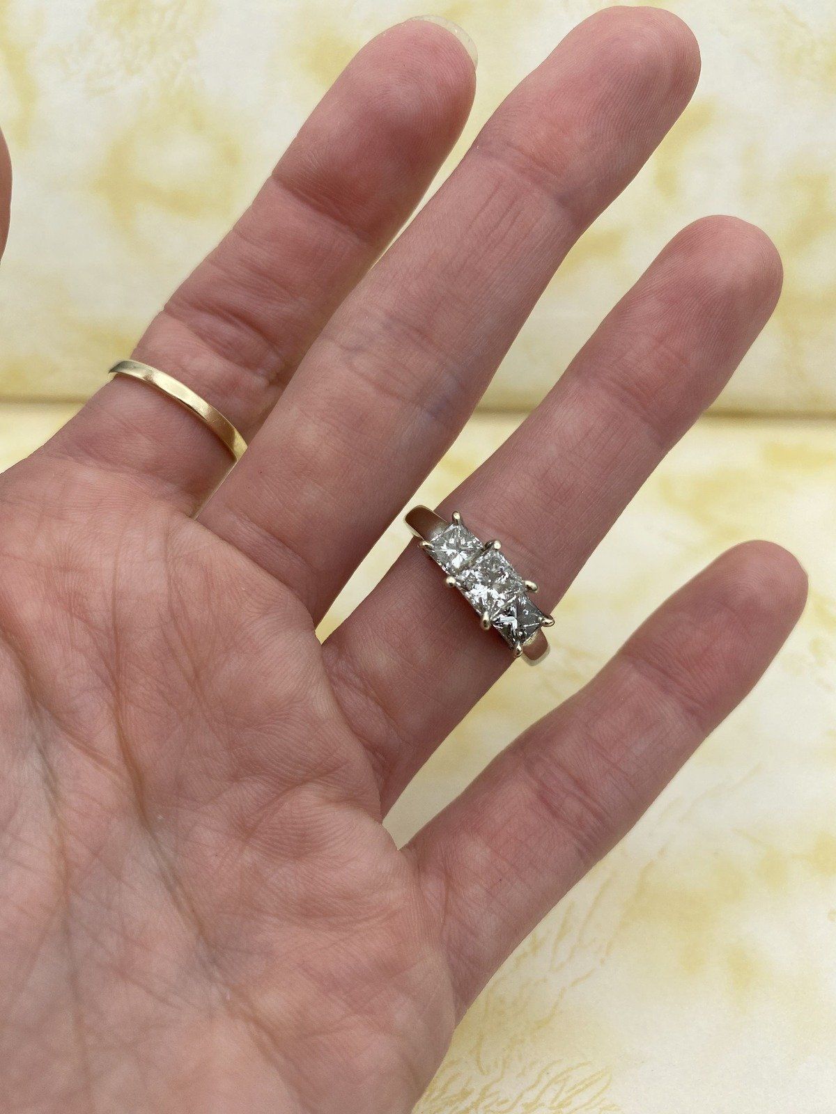 Weighty Vintage 14k White Gold 2.06ctw Princess Cut Diamond Squared Trio Engagement Ring 12