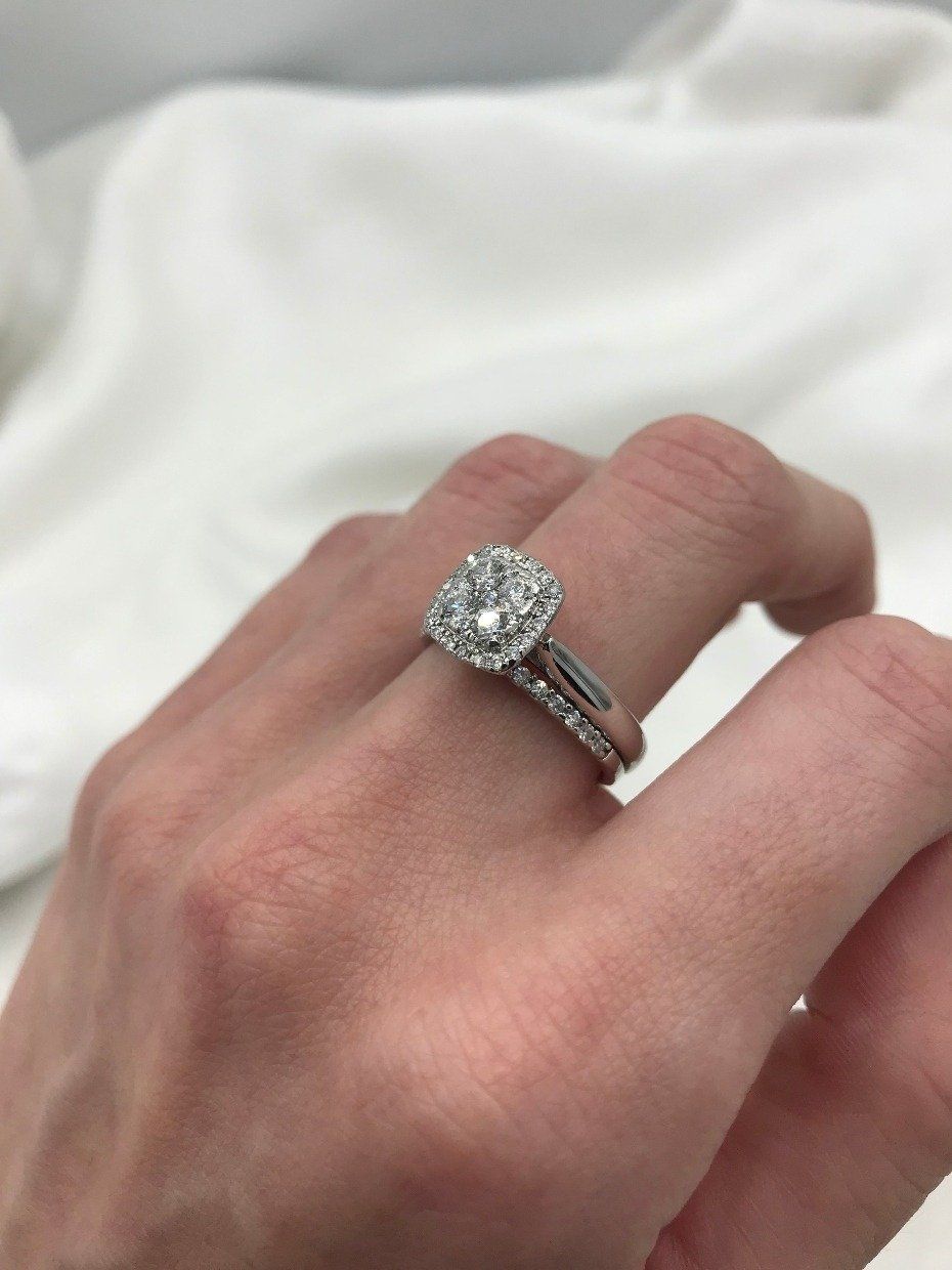 14k White Gold Clover Square Cluster Diamond Ring 4