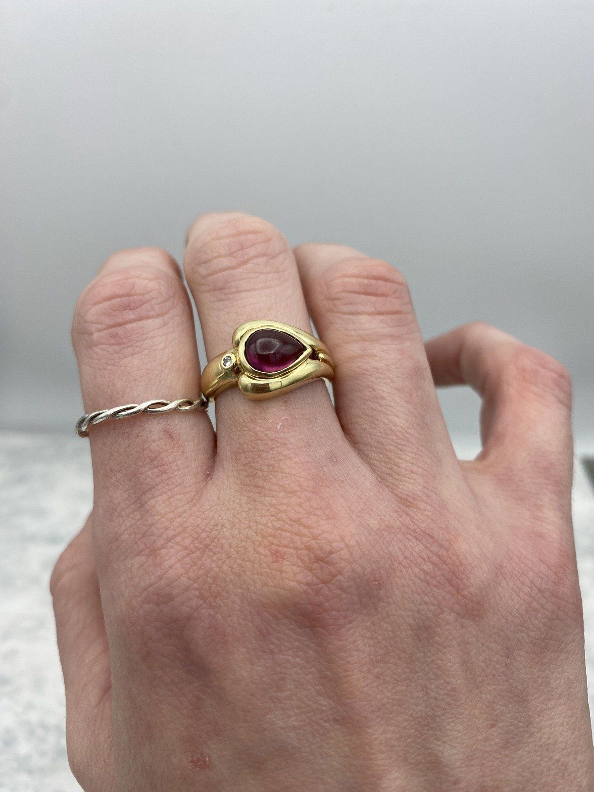 14k Gold Asymmetrical Pear Cab Rubellite Tourmaline Diamond Accented Curvature Ring 7