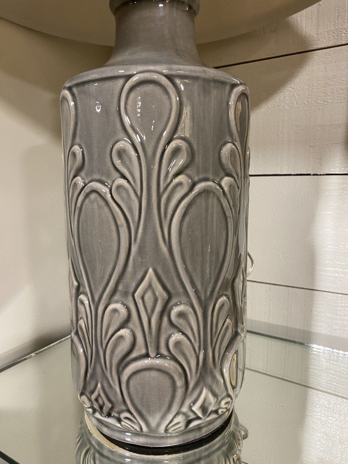 Grey Ceramic Molded Motif Lamp w Metallic Beige Shade 2