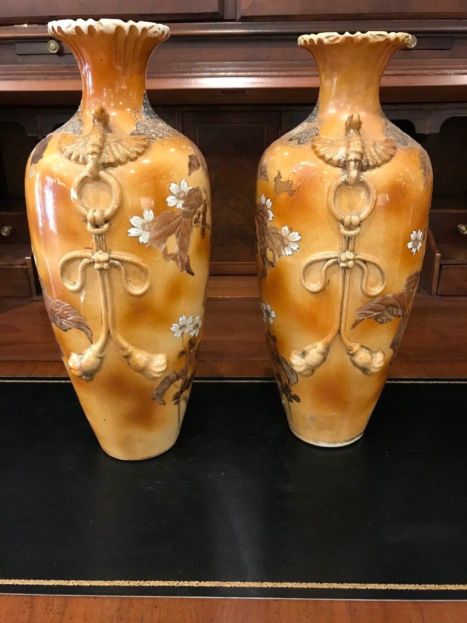Antique Pair of Oriental Ceramic Phoenix Cherry Blossom Vases 2