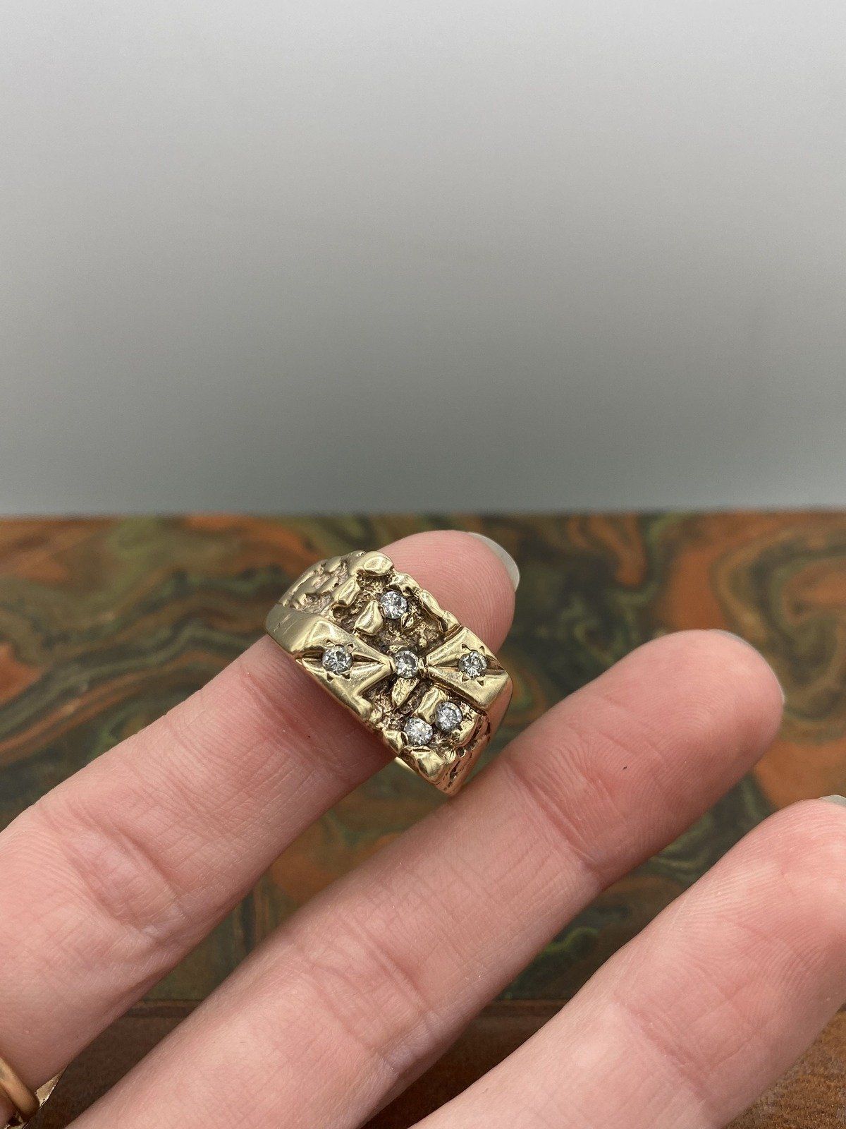 Unique Men's Freeform 14k Gold Modern Art Diamond Nugget Ring 3