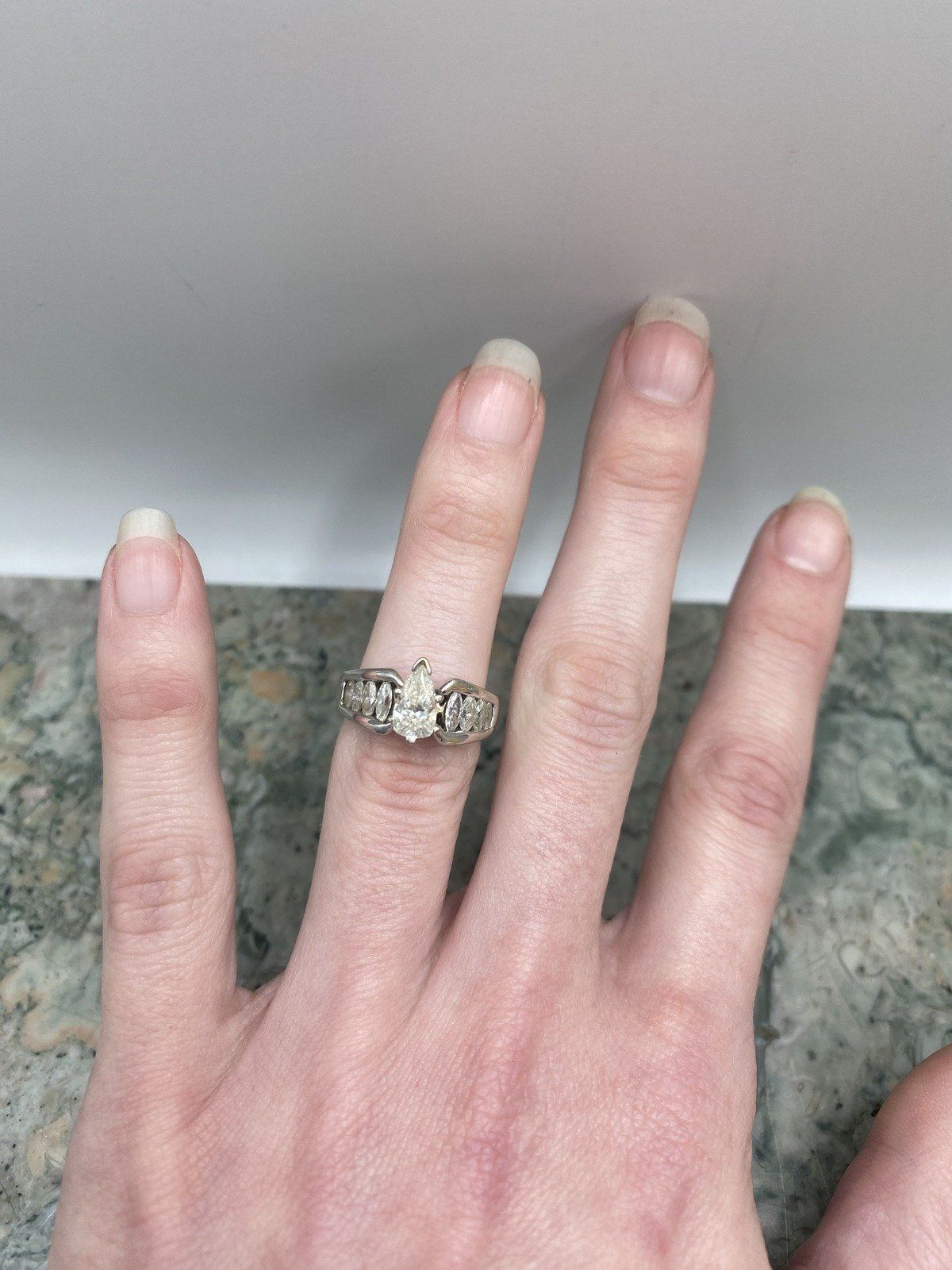 18k White Gold .75ct Center Pear Cut Diamond Engagement Ring w Marquise Channel Set Diamond Shoulders 4