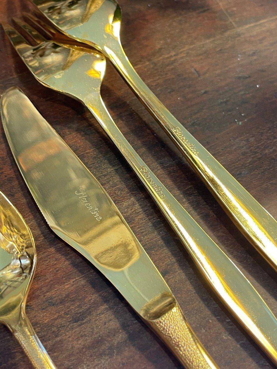 Vintage Gold Washed Florentine Flatware Set Service of 6 + Additives & Serving Pieces 4