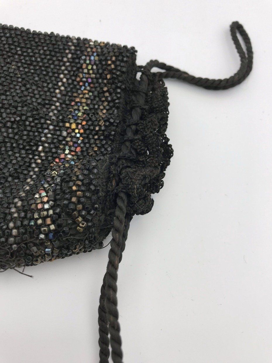 Antique Black Seed Bead Reticule Crochet Drawstring Bag w Iridescent Bead Accents 3