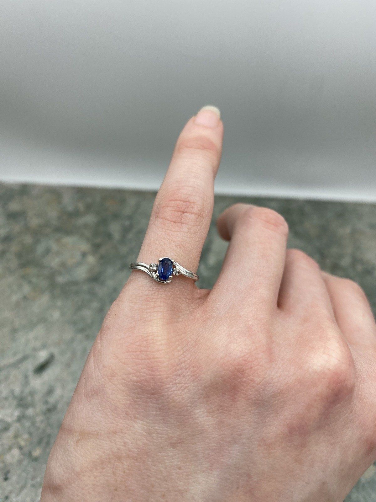 Tiny 10k White Gold Oval Cut Blue Sapphire w Bypass Wave Shoulders 4