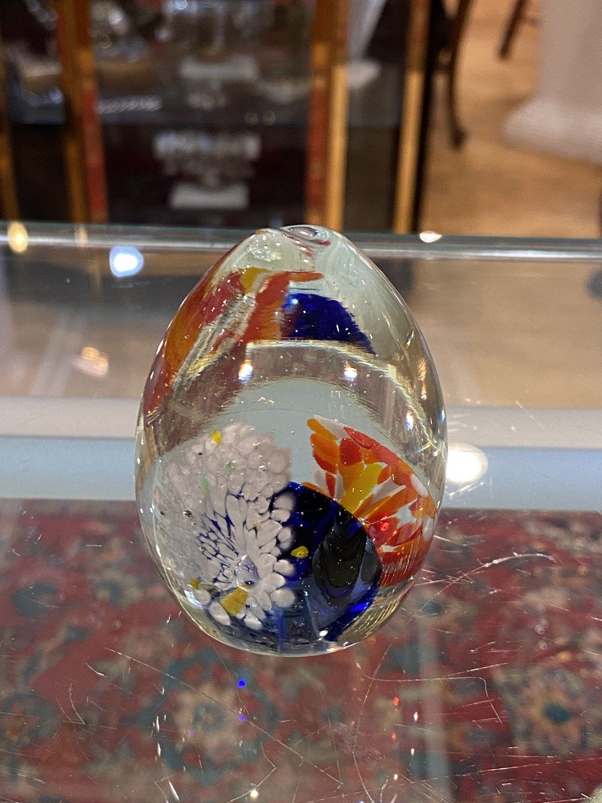Vintage Hand Blown Egg Shaped Blue Orange White Florals Art Glass Paperweight 2