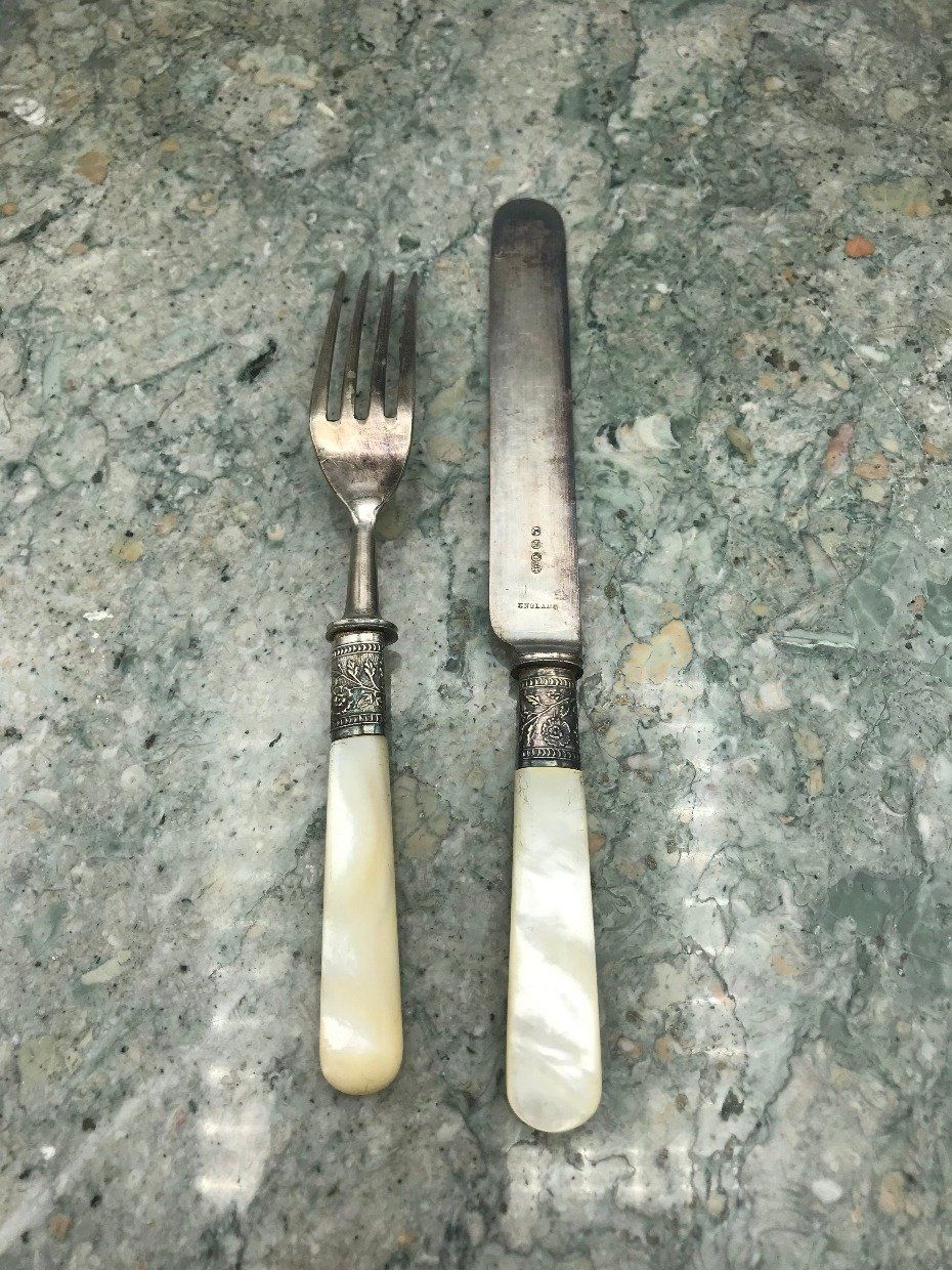 Antique Highly Hallmarked English Mother Of Pearl Handle 12pc Utensils 4