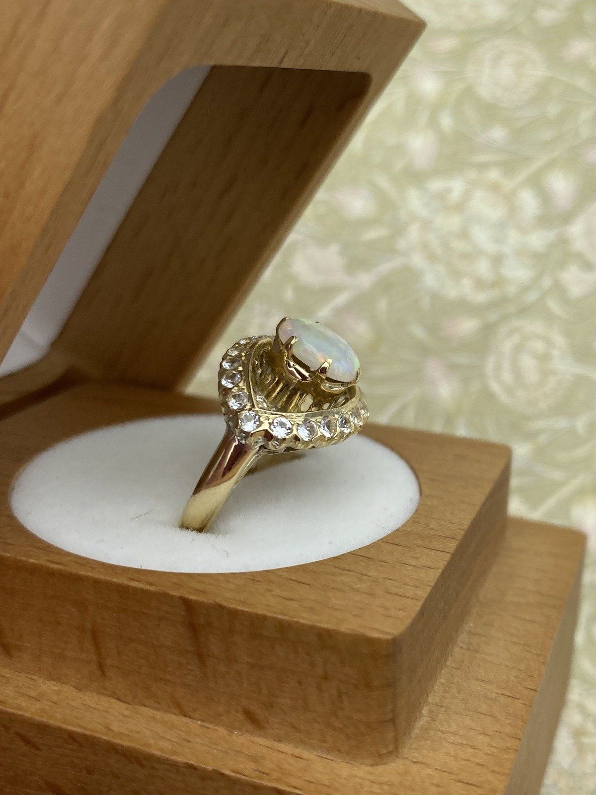 Antique 14k Gold Opal + Old Mine Diamond Almond Eye Ring 3
