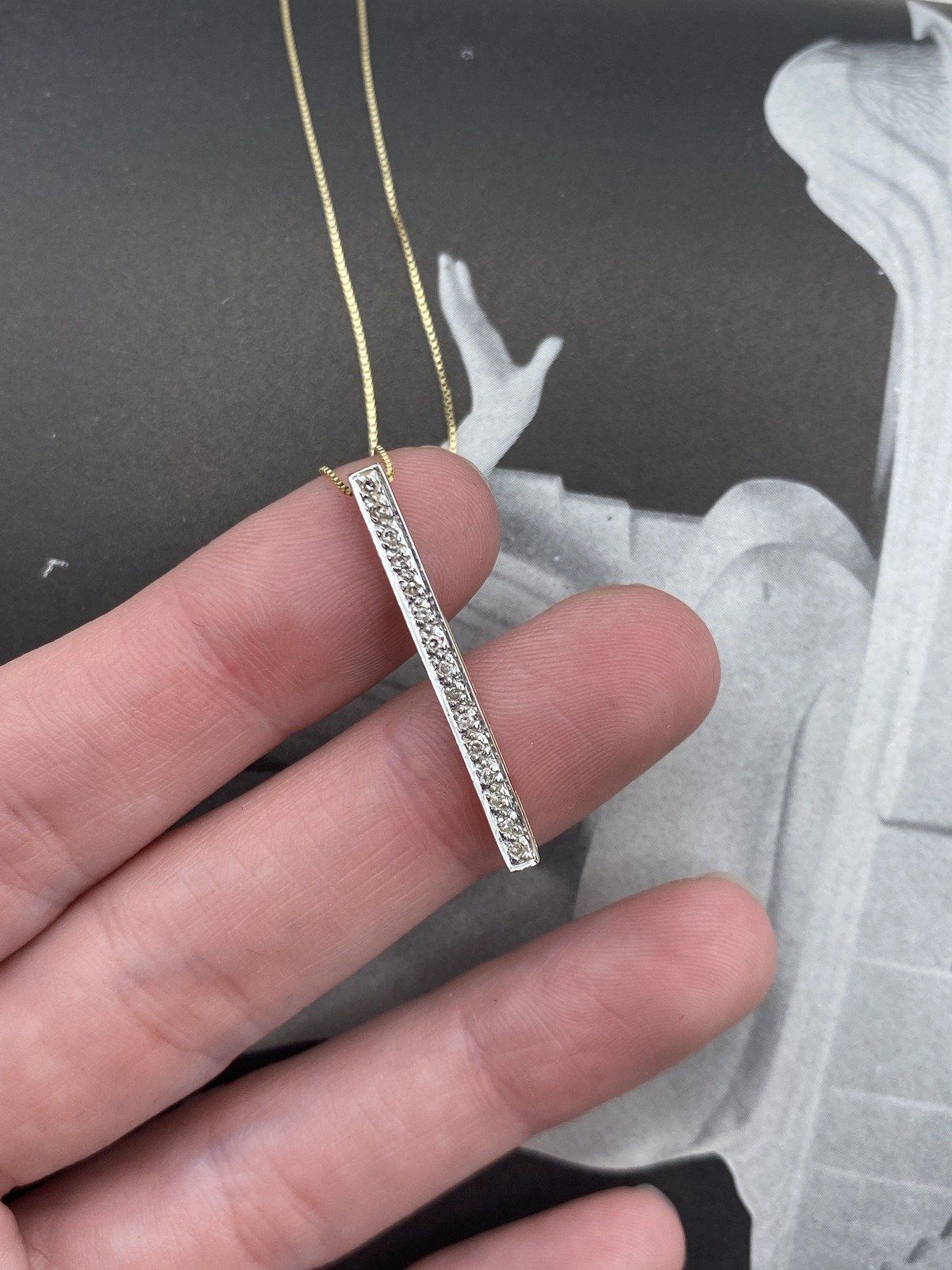 Minimalistic 14k Gold 18L Drop Necklace w 10k Gold Diamond Bar Pendant 2