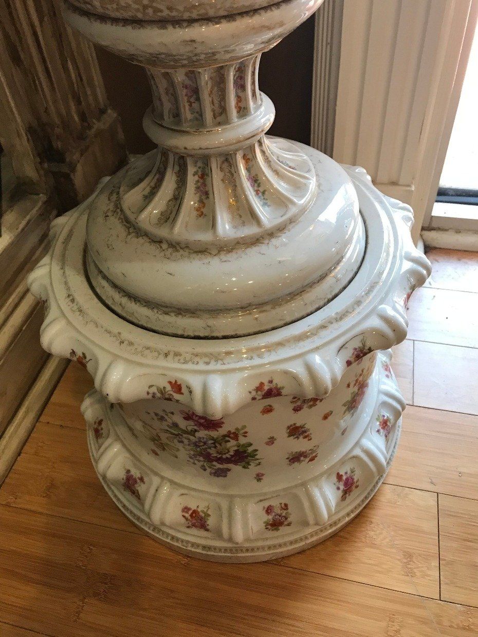 Hand Painted Antique Meissen Style Porcelain Floor Urn w Floral + Pastoral Court Scene 4
