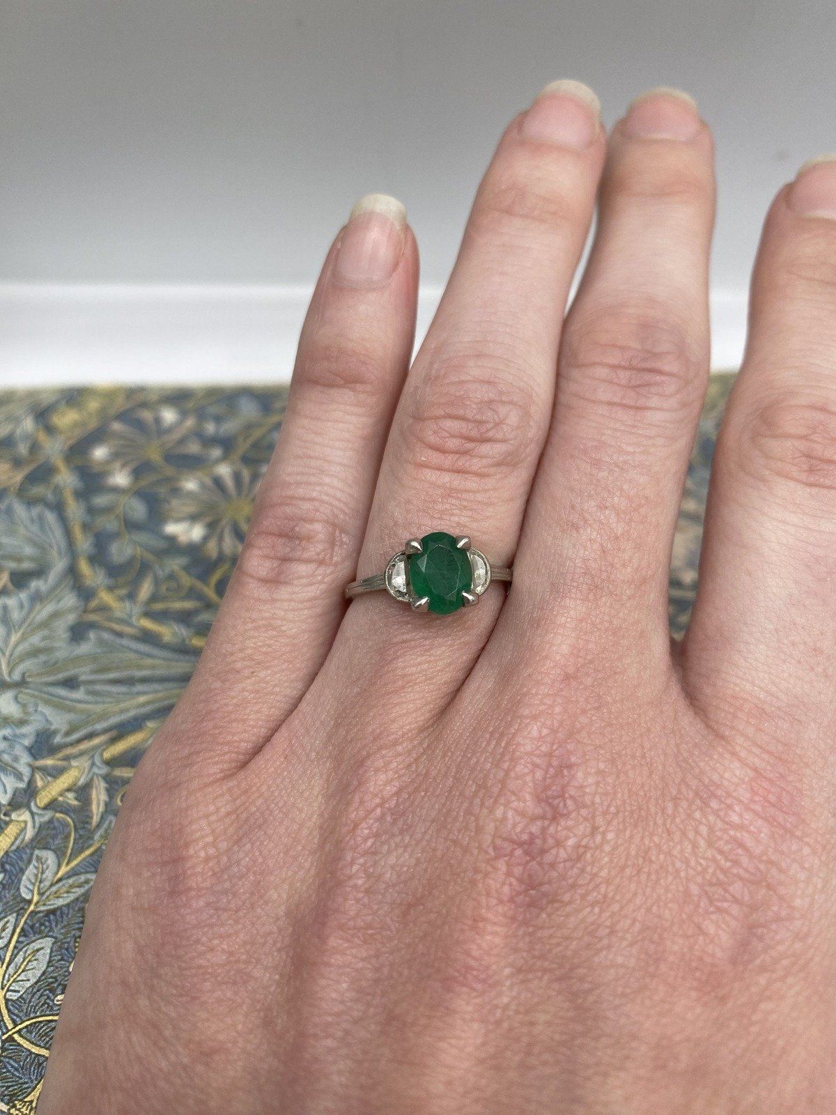 Antique Edwardian c.1910s/20s Platinum Emerald + Demilune Cut Diamond Ring 4