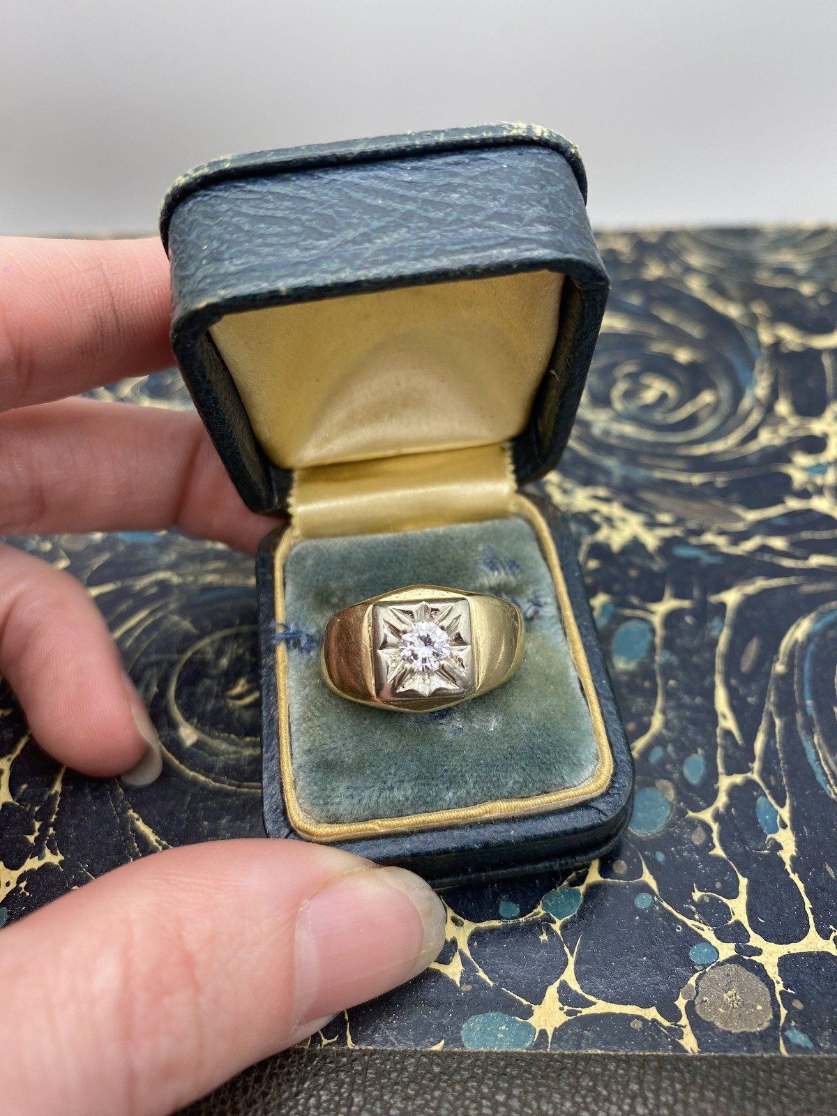 Men's Vintage 14k Gold .40ct Diamond Wedding Ring w White Gold Squared Inset 4