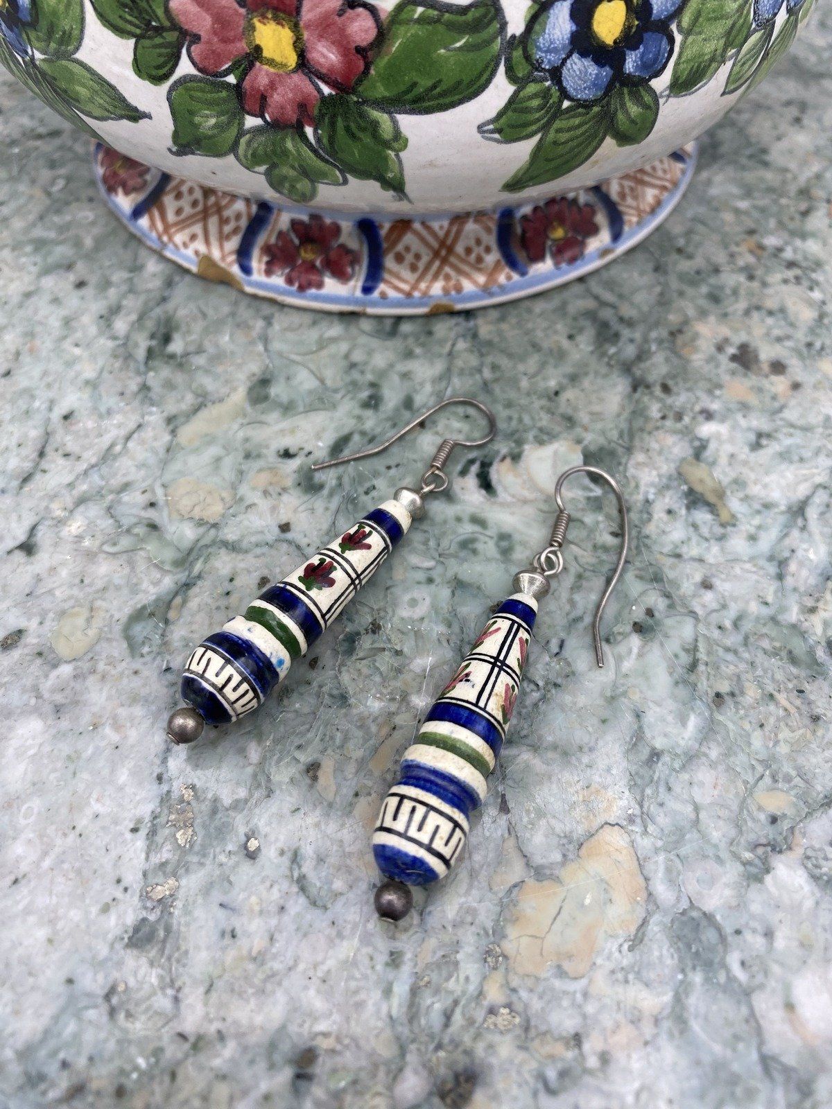 Vintage Deruta, Italy Ceramic Hand Painted Sterling Silver Drop Earings 2