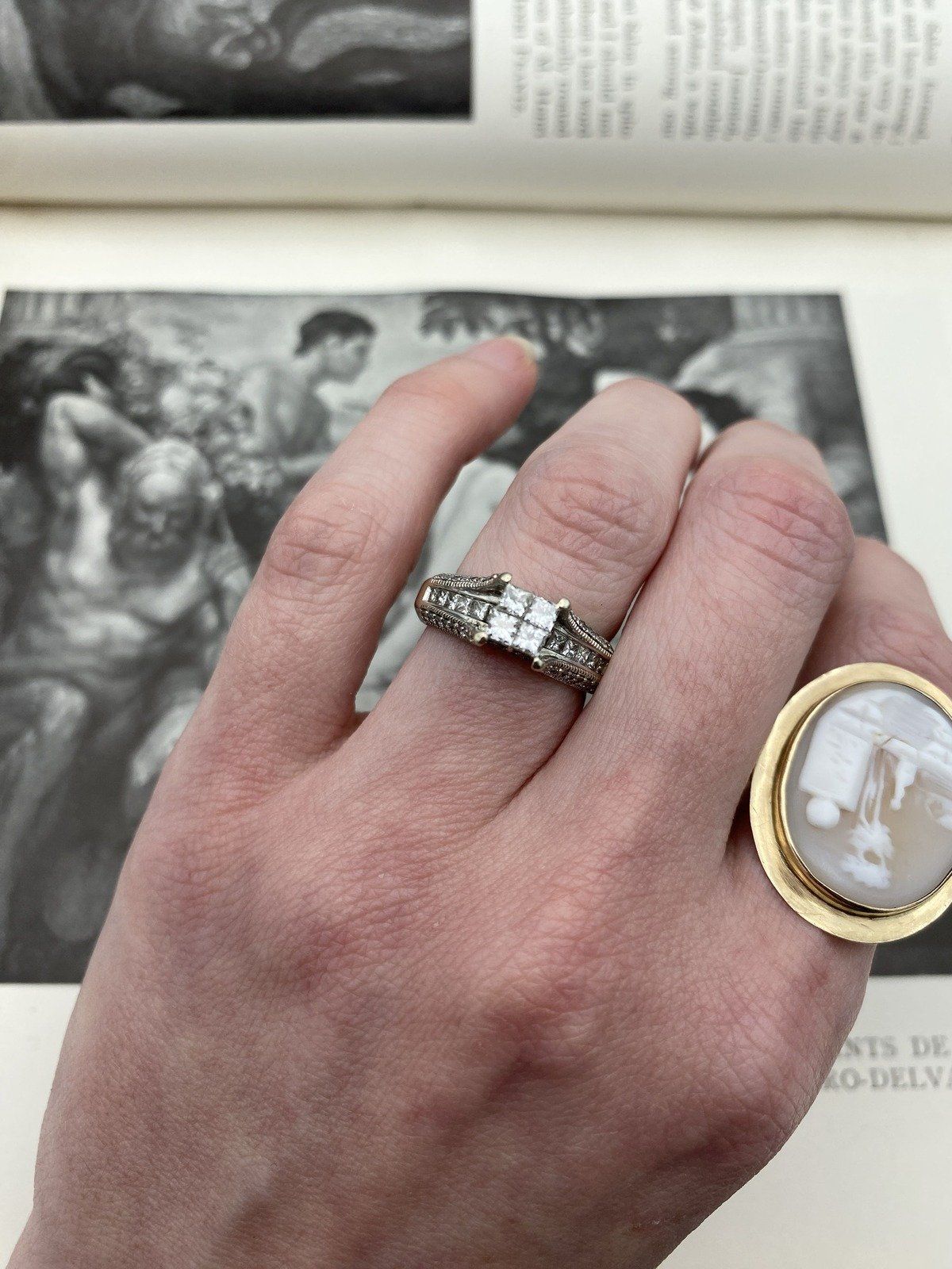 Ladies 14k White Gold Princess Cluster Diamond Engagement Ring w Lovely Pave Shoulders and Under Band Diamond Detail 10