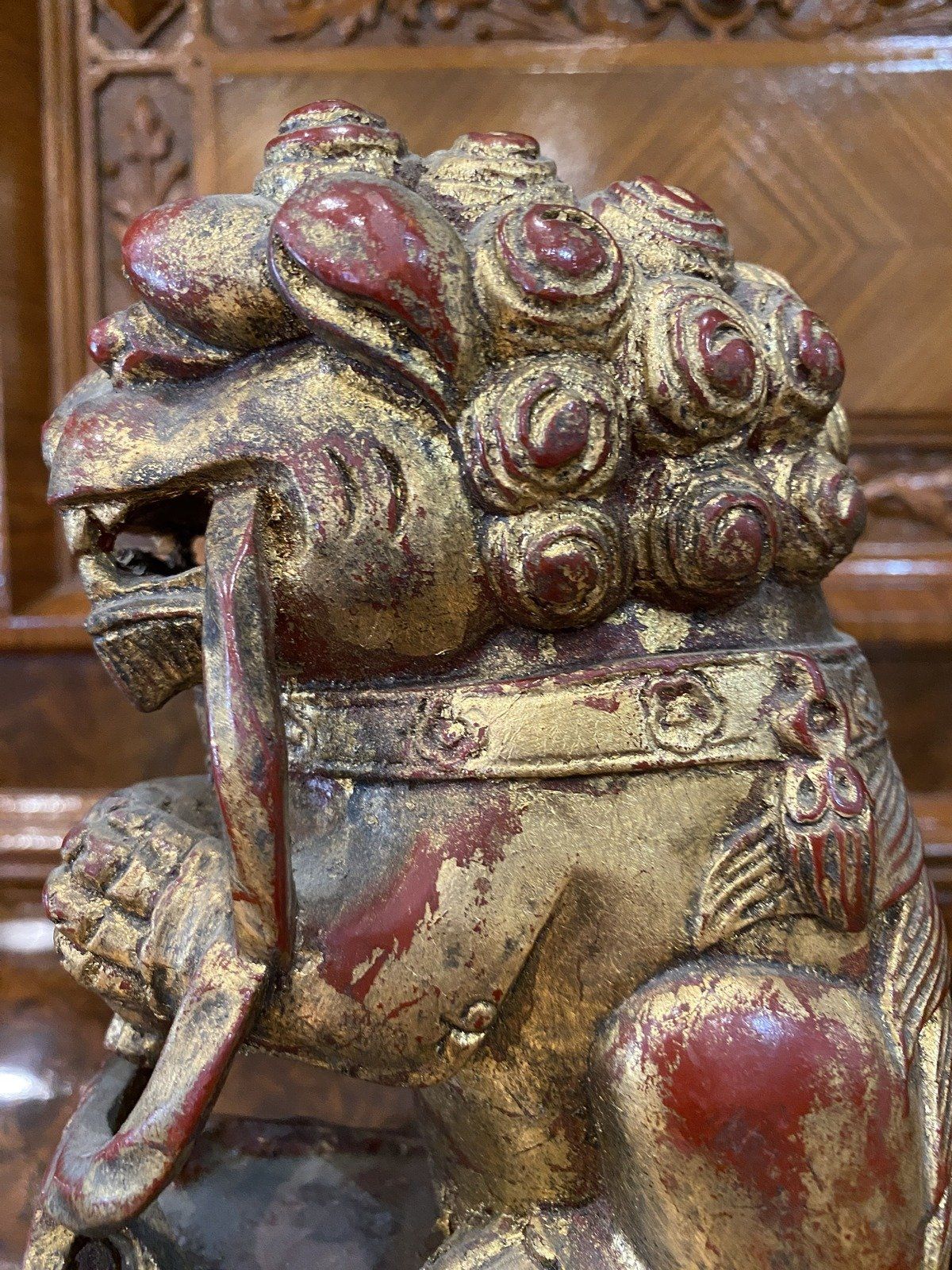 Cinnabar Red + Gilt Plaster Foo Dogs Sculptures 3