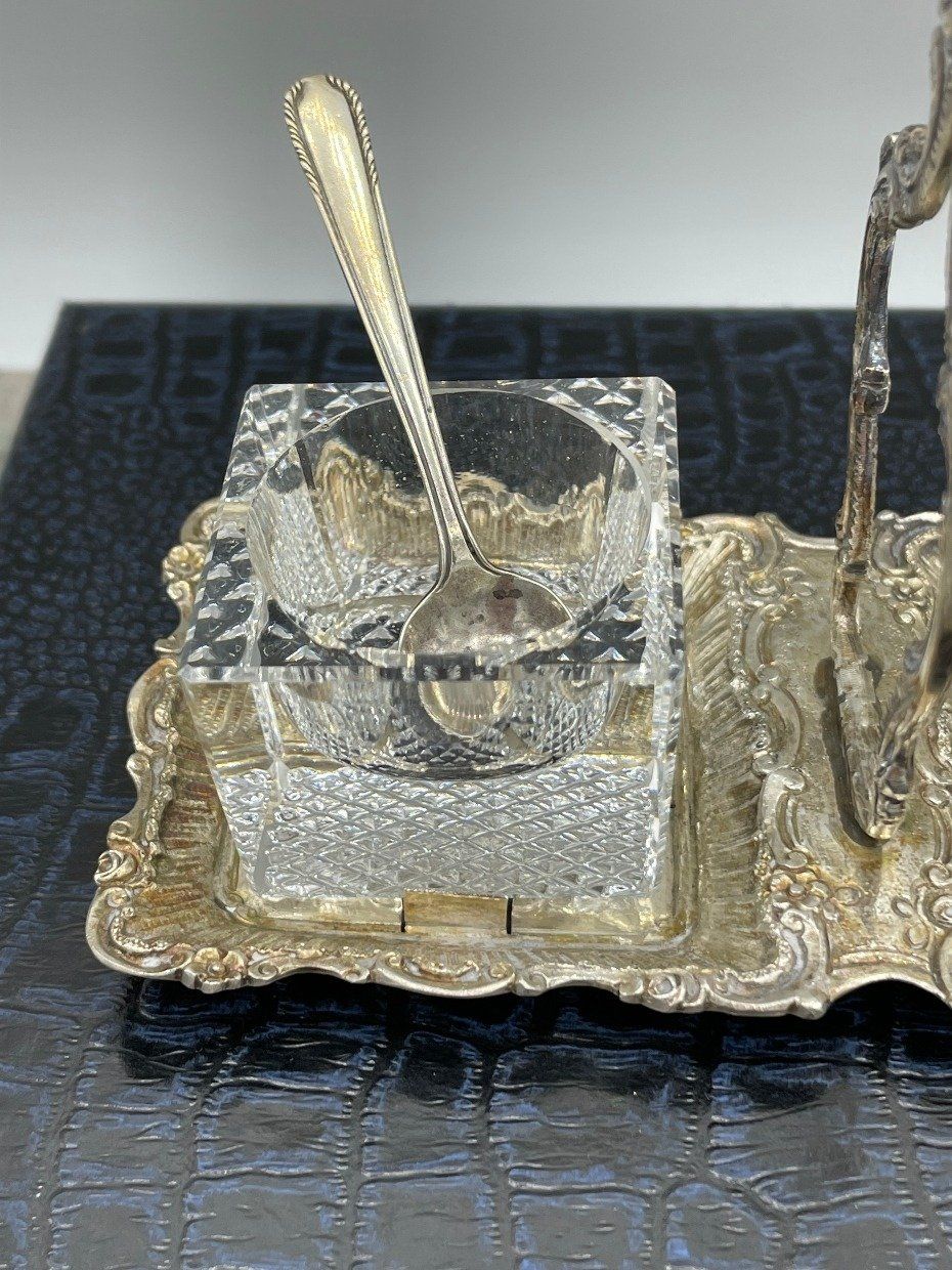 Vintage German .800 Silver Salt Server w Cubic Crystal Inserts + Pair of .925 Demi Spoons 3