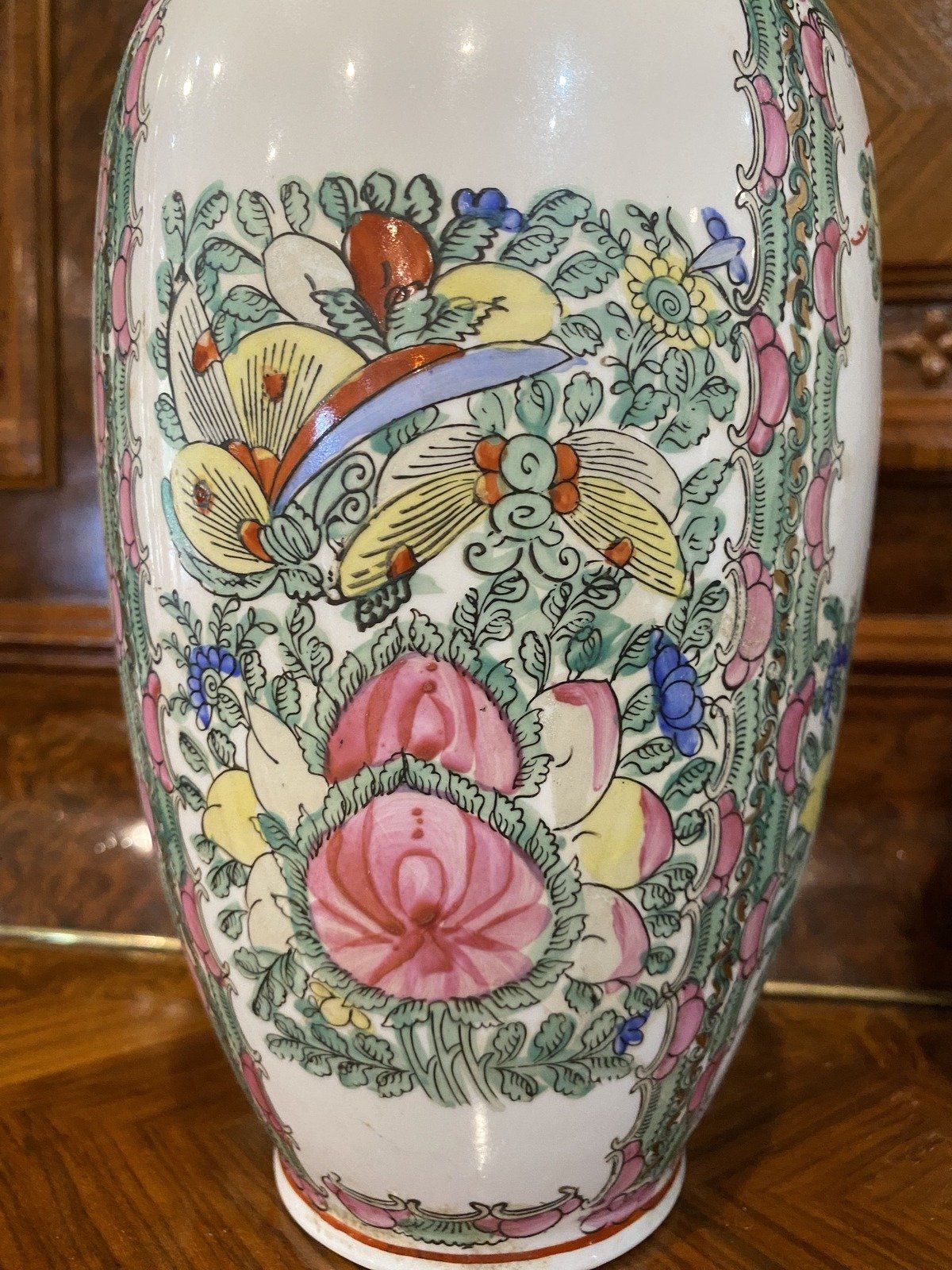 Pair of Vintage Rose Famille Oriental Vases 13h 7