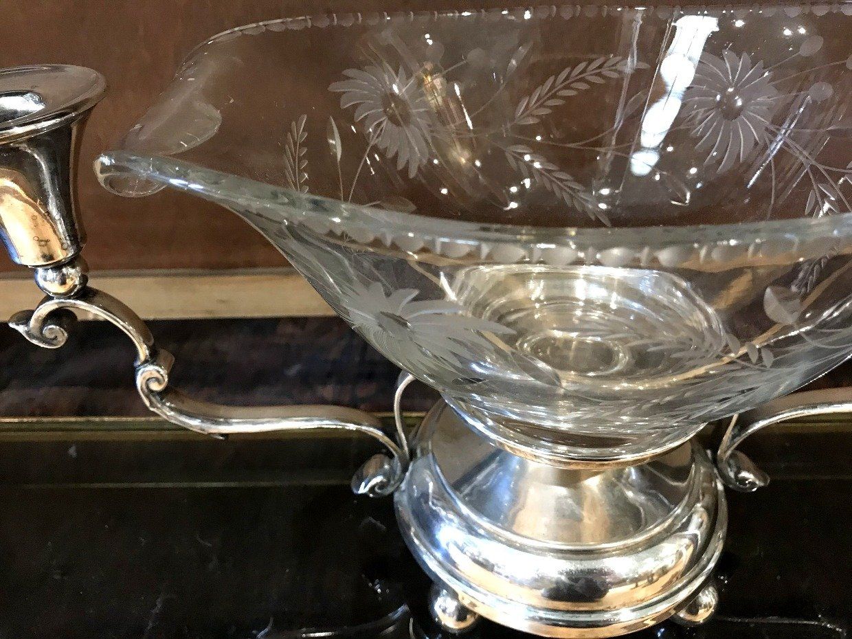 Silver Plate Two Arm Centerpiece Cut Glass Bowl 2
