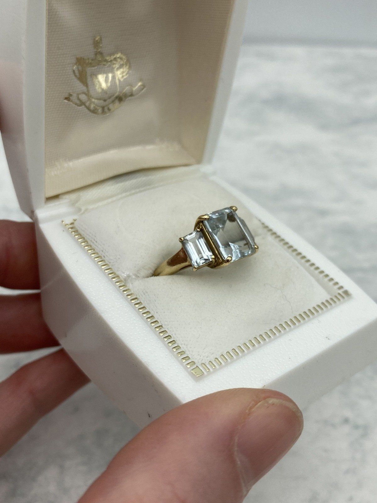 10k Gold Emerald Cut Aquamarine Trio Dress Ring 3