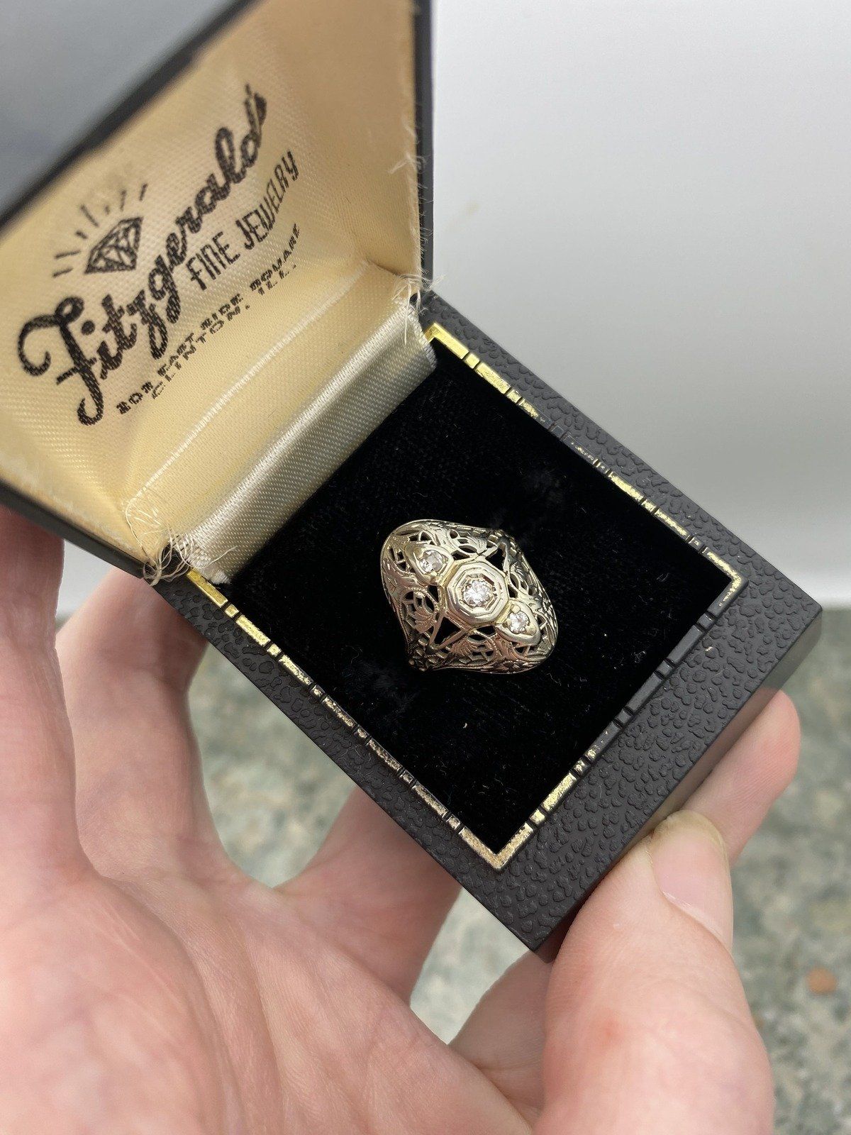 Antique 14k White Gold Domed Filigree Diamond Engagement Ring 2